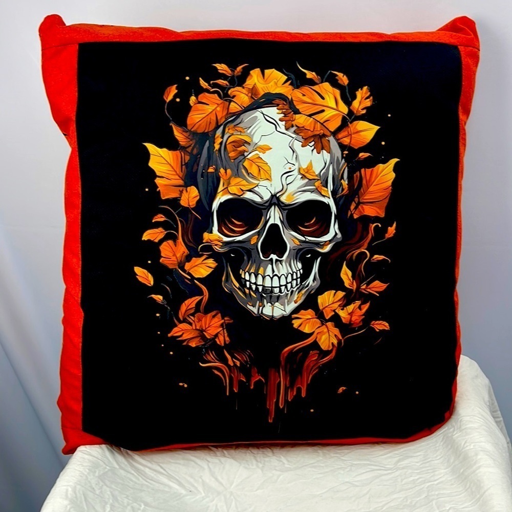 Homemade brand new accent T-shirt pillow. Black and orange autumn skull.